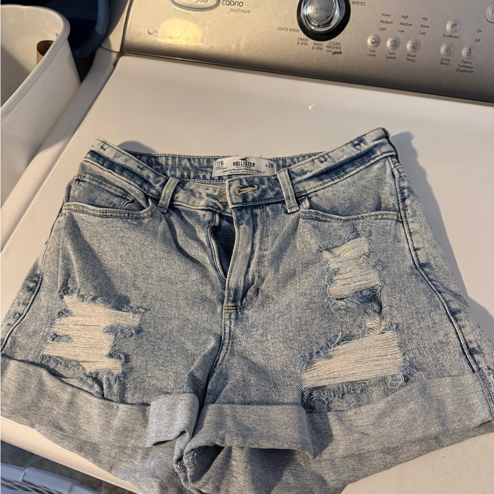 Hollister Distressed Light Blue Rolled Hem Denim Shorts